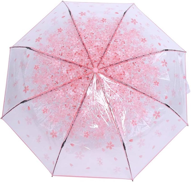 مظلة وردية شفافة قابلة للطي بتصميم أزهار الكرز للنساء والفتيات - Image 1